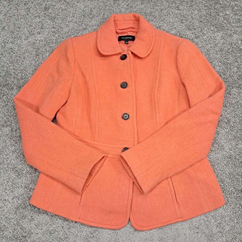 Talbots Womens Coral Orange Wool Blend Button Up Jacket Blazer Size 4 ID5125